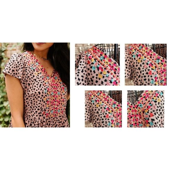 Savanna Jane Leopard Print Blouse Sz S Embroidered Artsy Flowy Sleeves Boho Fest - Picture 12 of 12